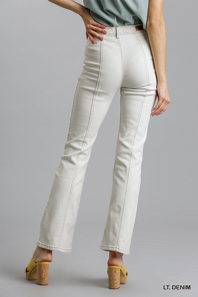 Light denim panel straight jeans with belt loops and stitched leg seams