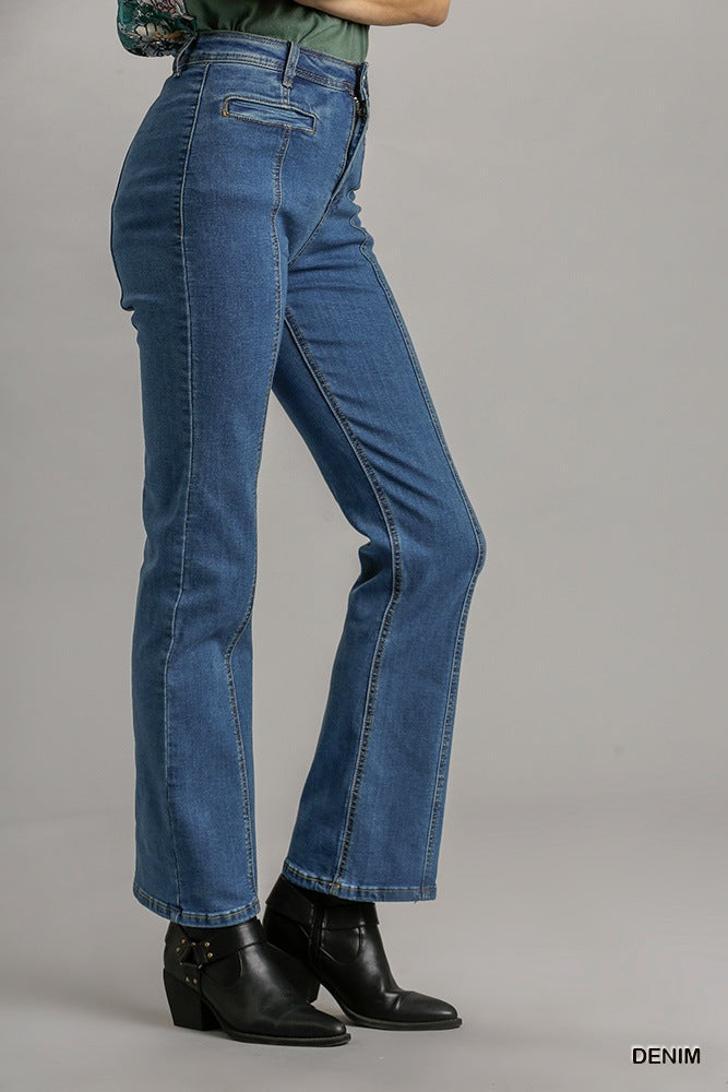 Light denim straight jeans with back pockets and stitched seams