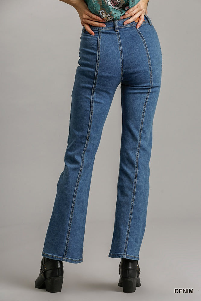 Denim straight-leg jeans with front pockets and visible back yoke stitching