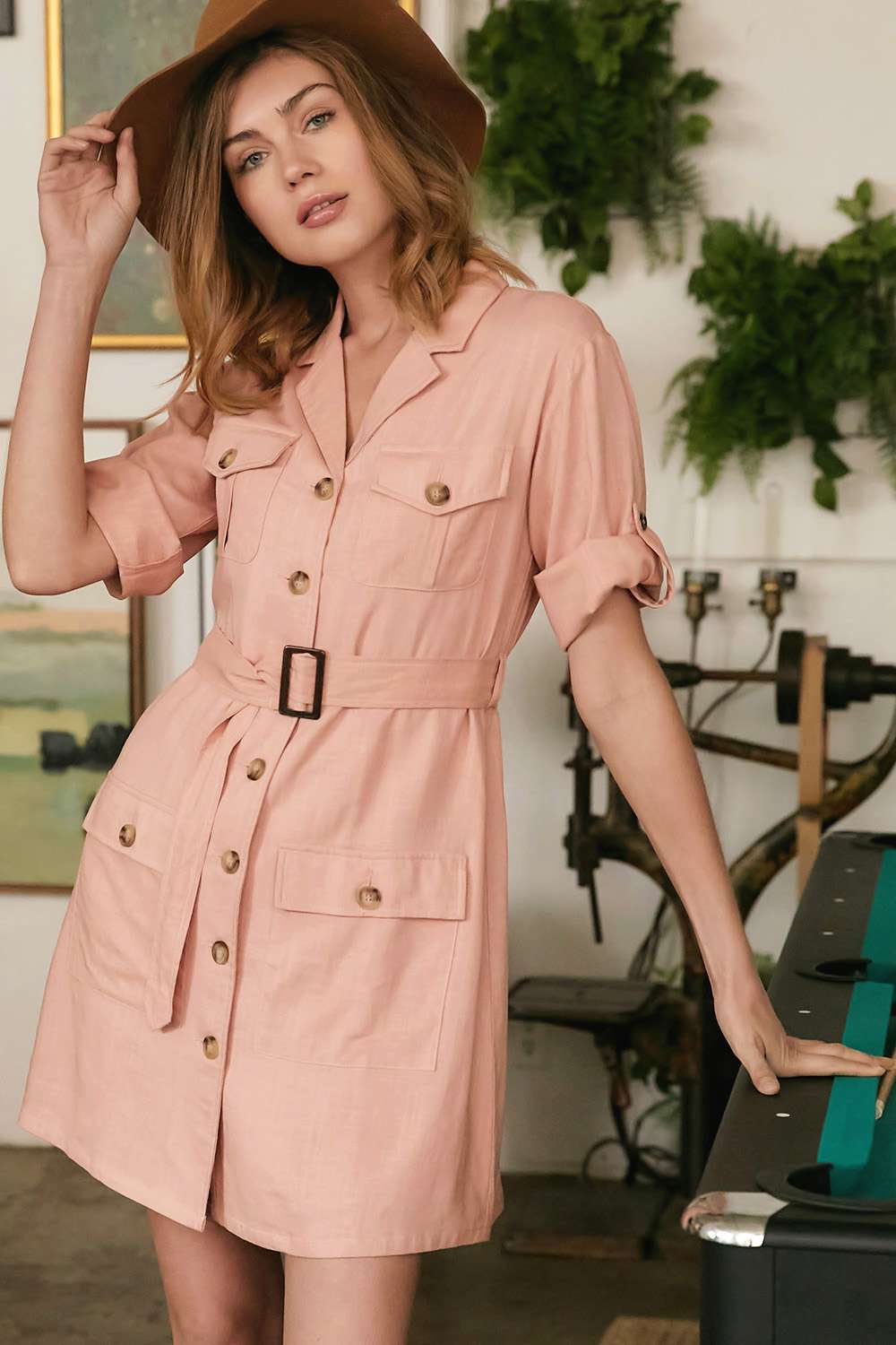 Drop-shoulder shirt dress in dusty pink with button front and tie belt