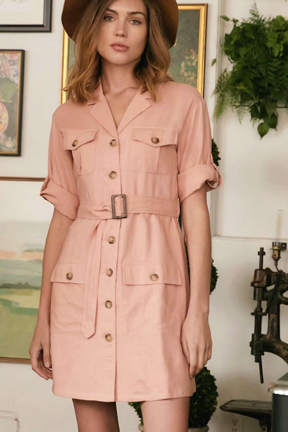 Dusty pink V-neck drop-shoulder dress with belt and flap chest pockets