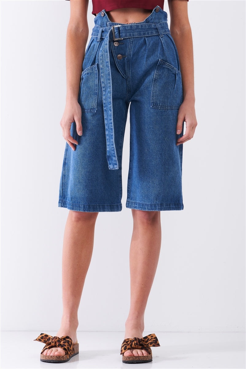 Mid blue denim high-waist jeans with front cut-out and self-tie belt, midi flare