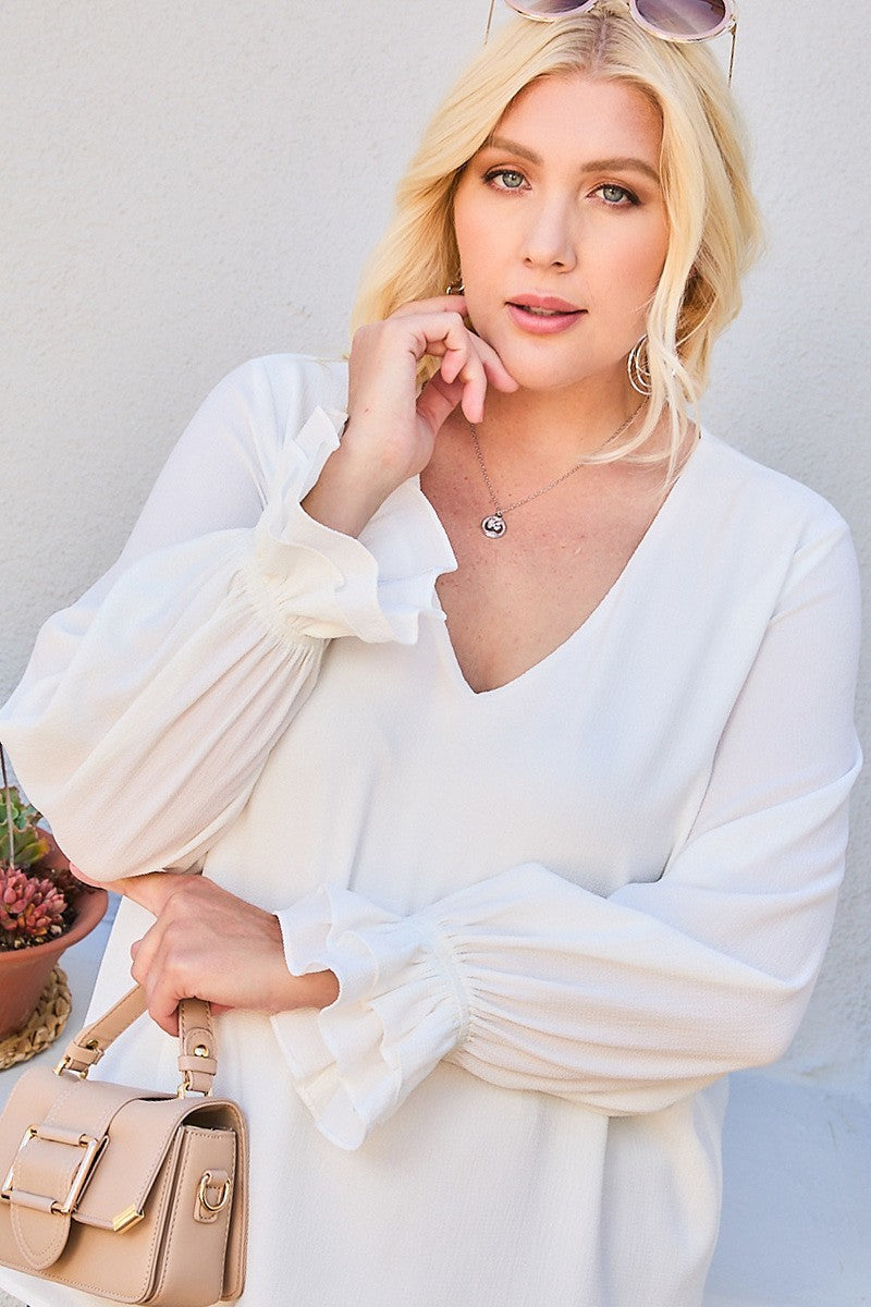 White V-neck tier ruffle sleeve blouse with long flounced cuff
