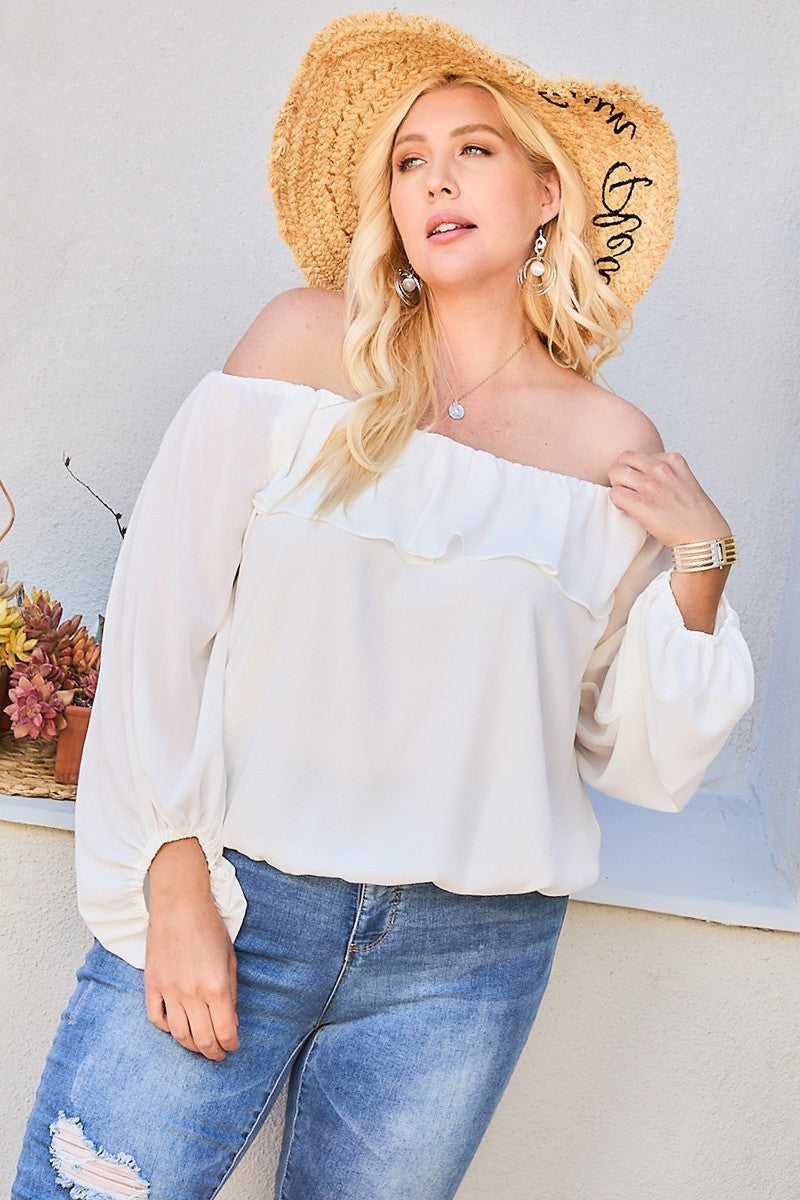 Off-shoulder ruffle bubble sleeve top, white