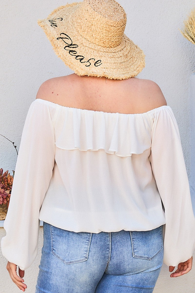 Back view of white off-shoulder ruffle blouse with bubble sleeves