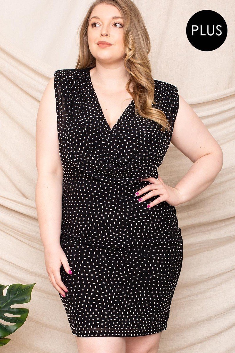 Plus mini dress, black V-neck sleeveless with scattered rhinestone dots