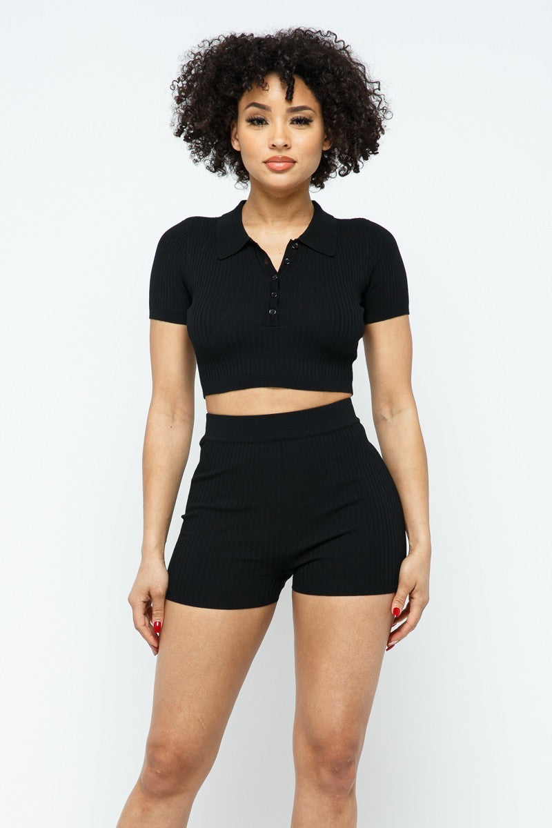 Collar Crop Top + Shorts Set - Tigbul's Variety Fashion Shop