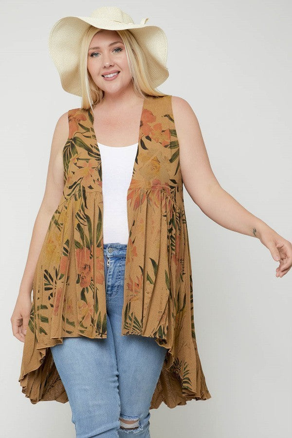 Long sleeveless cardigan vest, tan tropical floral print with open front and draped hem