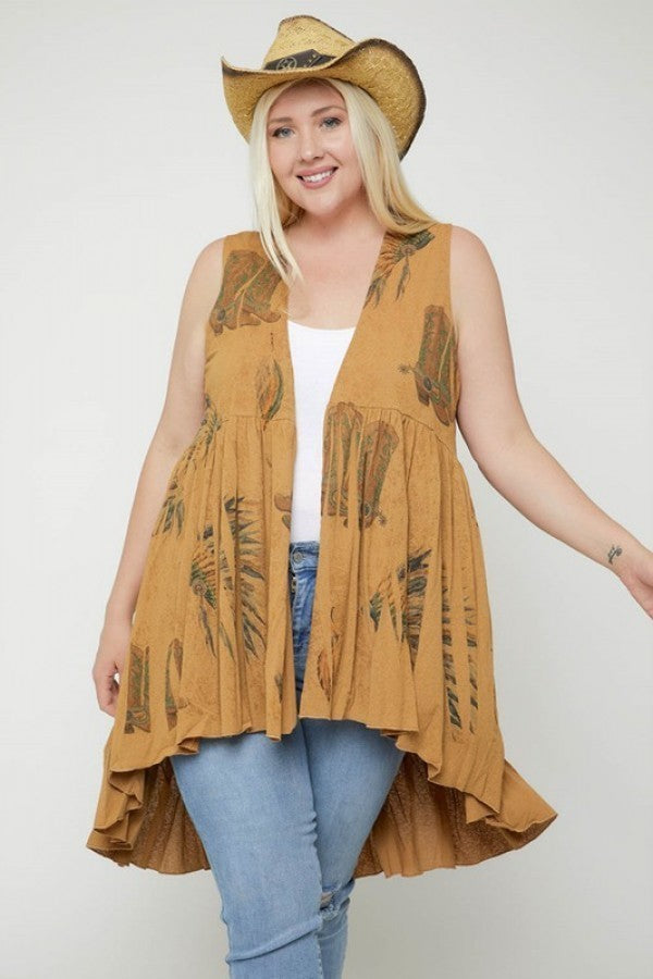 Long sleeveless cardigan vest in tan, multi-feather print with open front and layered hem