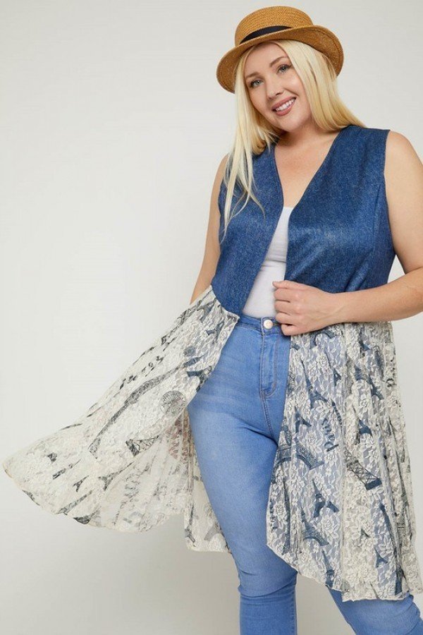 Sleeveless lace cardigan with open front, blue top, and lace hem with scalloped edges