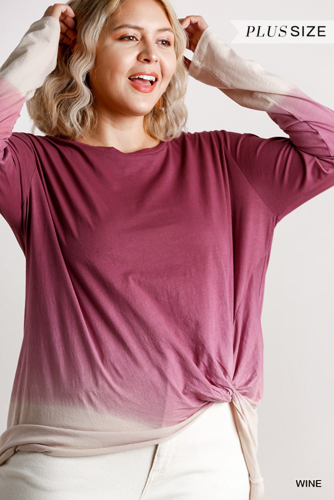 Ombre Print Long Sleeve Top With Gathered Front Detail And Raw Hem - Tigbul's Variety Fashion Shop