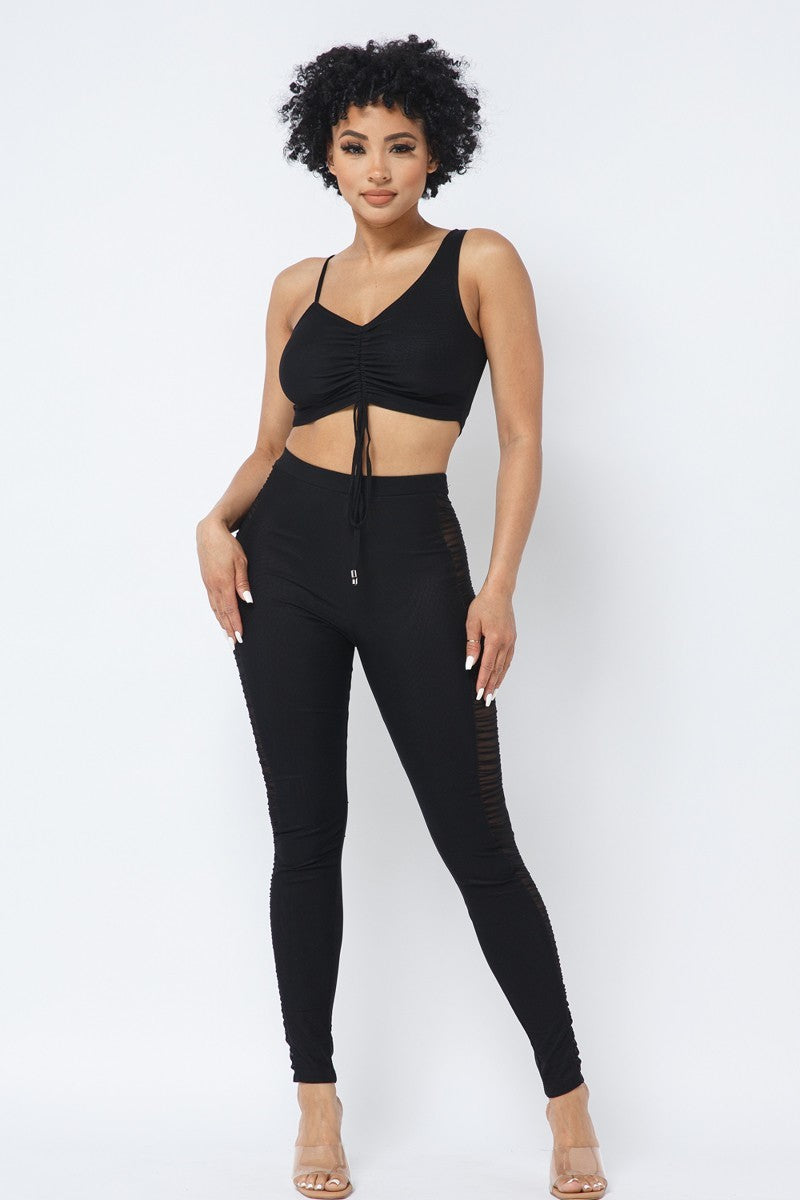 Mesh Strappy Adjustable Ruched Crop Top With Matching See Through Side Panel Leggings - Tigbul's Variety Fashion Shop