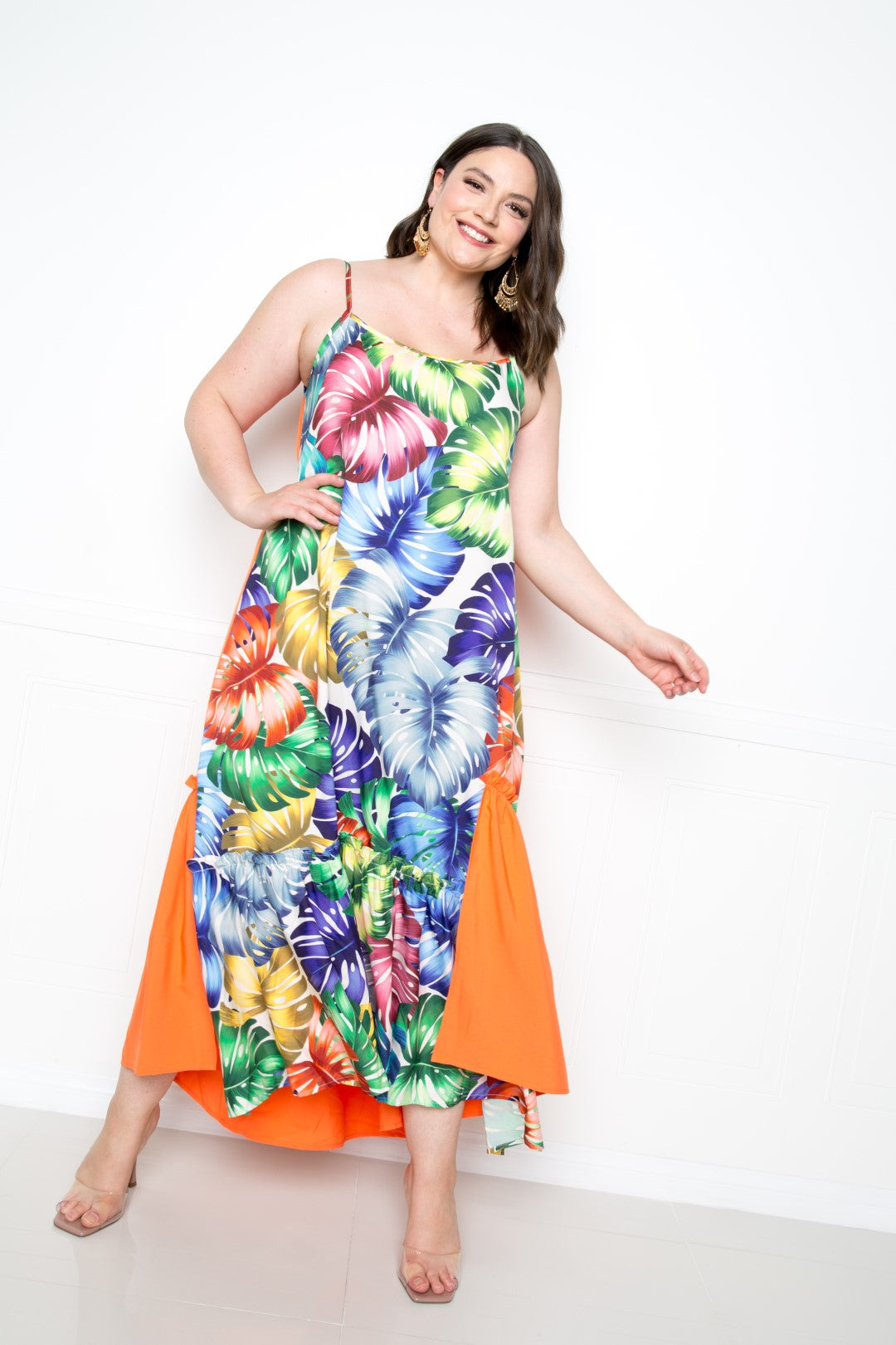Splice tropical sundress, multicolor leaf/floral print with orange ruffle accents at hem