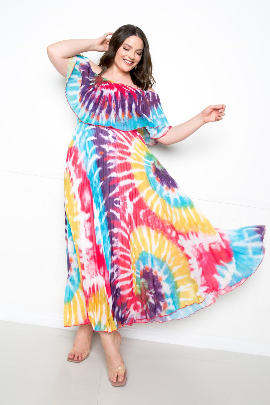 Tie-dye off-shoulder pleated maxi dress, multi blue and hot pink flare skirt