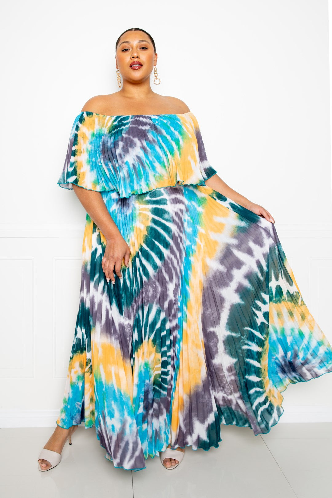 Tie Dye Off Shoulder Pleated Maxi Dress - Tigbul's Variety Fashion Shop
