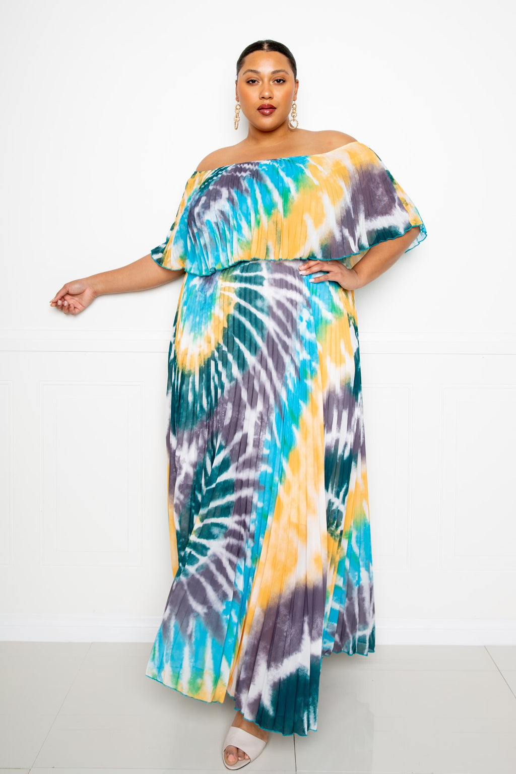 Off-shoulder tie-dye maxi dress, colorful swirls with pleated bodice and skirt