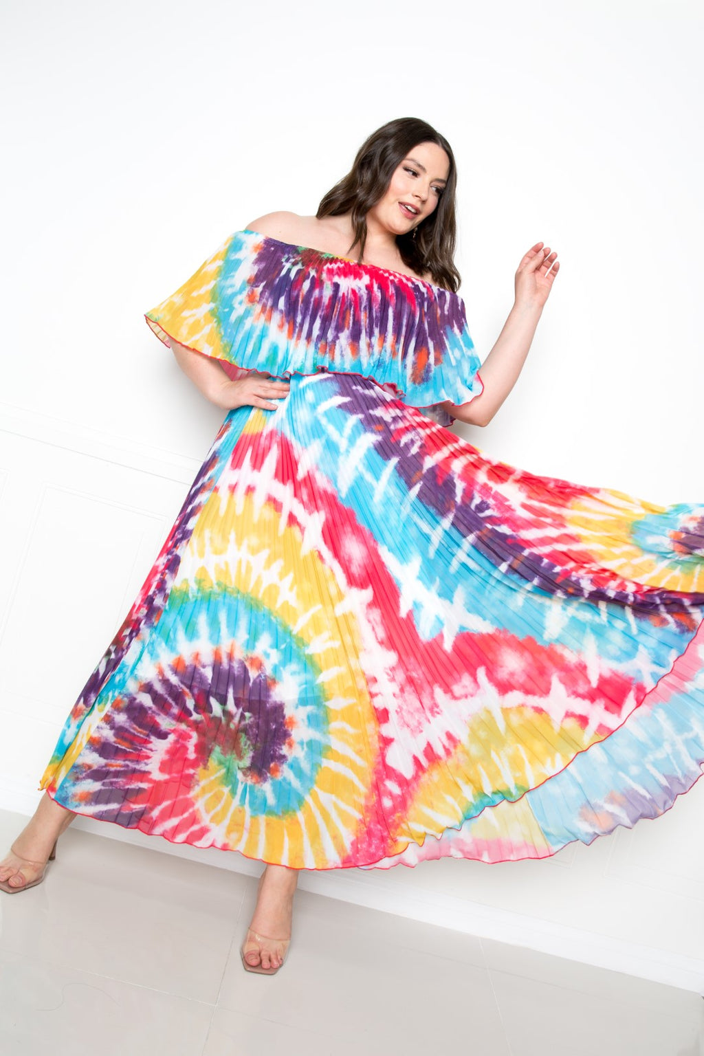 Off-shoulder tie-dye maxi dress with pleated bodice and wide swing hem