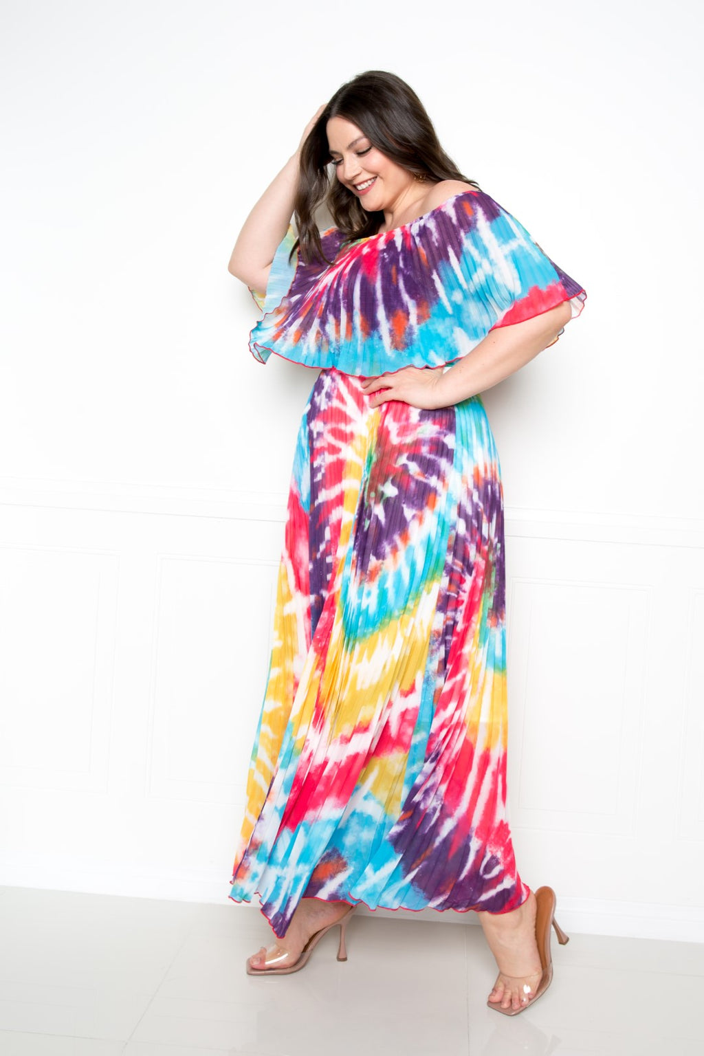 Tie-dye off-shoulder maxi dress, pleated skirt panels in multi-color swirls