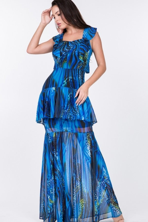 Ruffle Sleeve Tiered Bottom Print Long Dress - Tigbul's Variety Fashion Shop