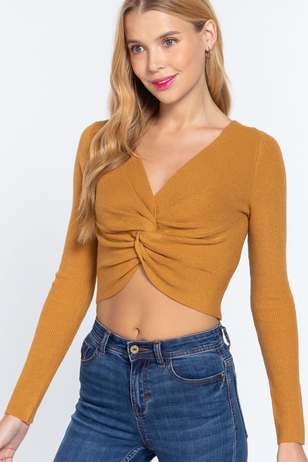 V-neck Front Knotted Crop Sweater - Tigbul's Variety Fashion Shop