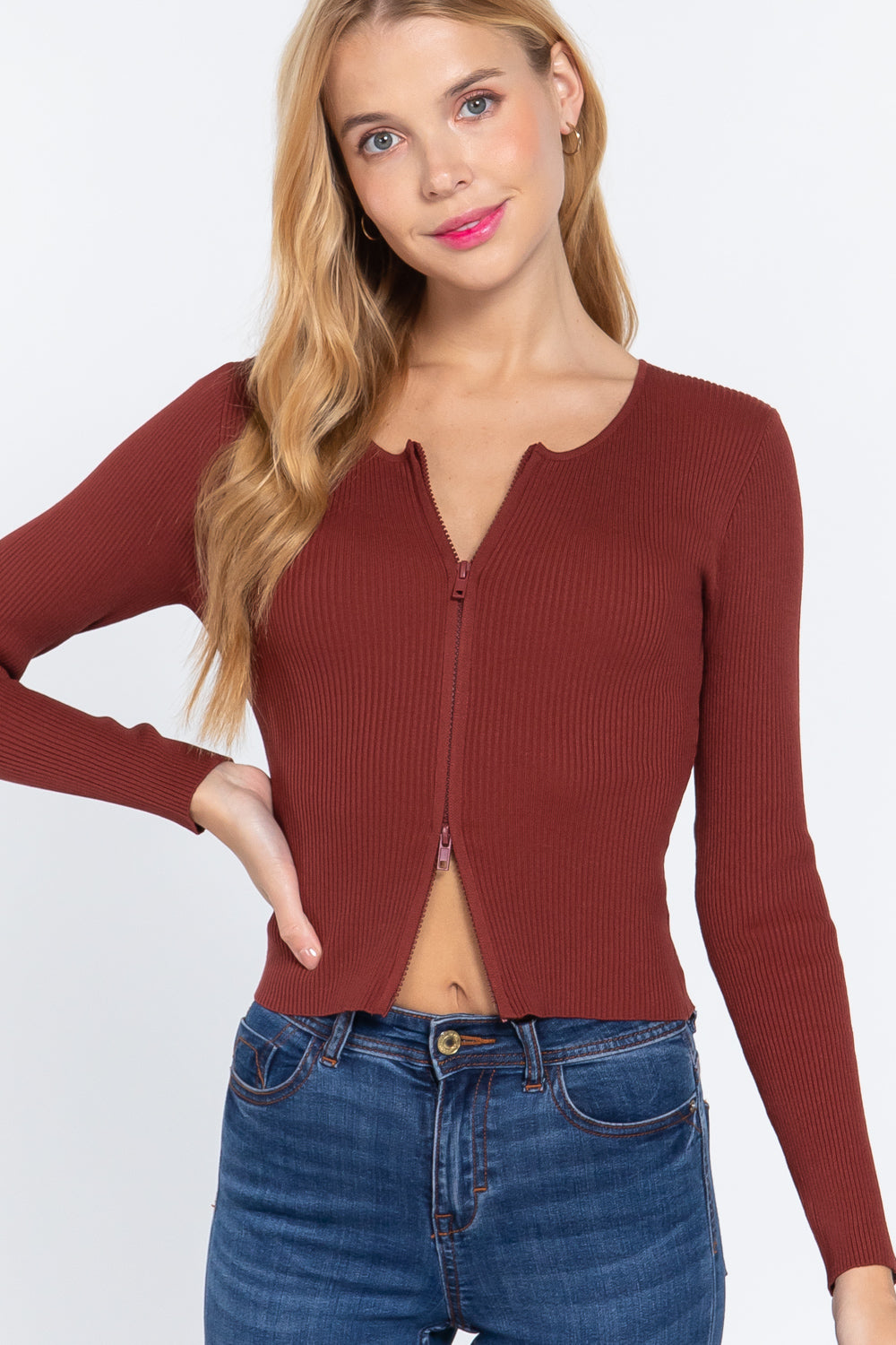 Rib Sweater Top W/front Zipper - Tigbul's Variety Fashion Shop