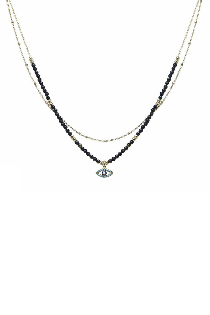 2 Layered Metal Seed Bead Evil Eye Pendant Necklace - Tigbul's Variety Fashion Shop
