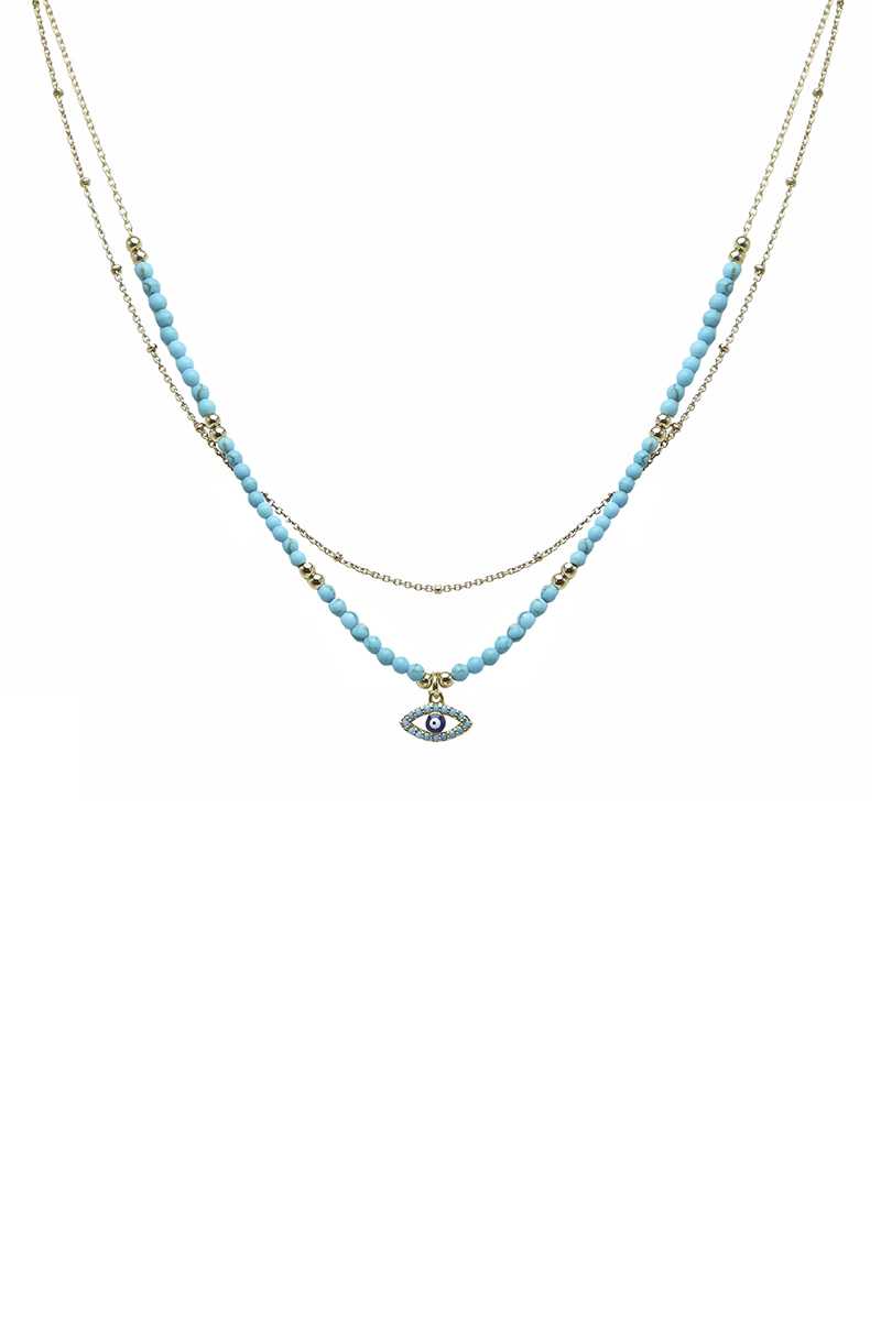 2 Layered Metal Seed Bead Evil Eye Pendant Necklace - Tigbul's Variety Fashion Shop