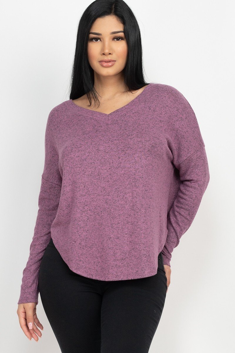 Dolman Sleeve Cozy Top, mauve purple knit with V-neck and relaxed dolman sleeves