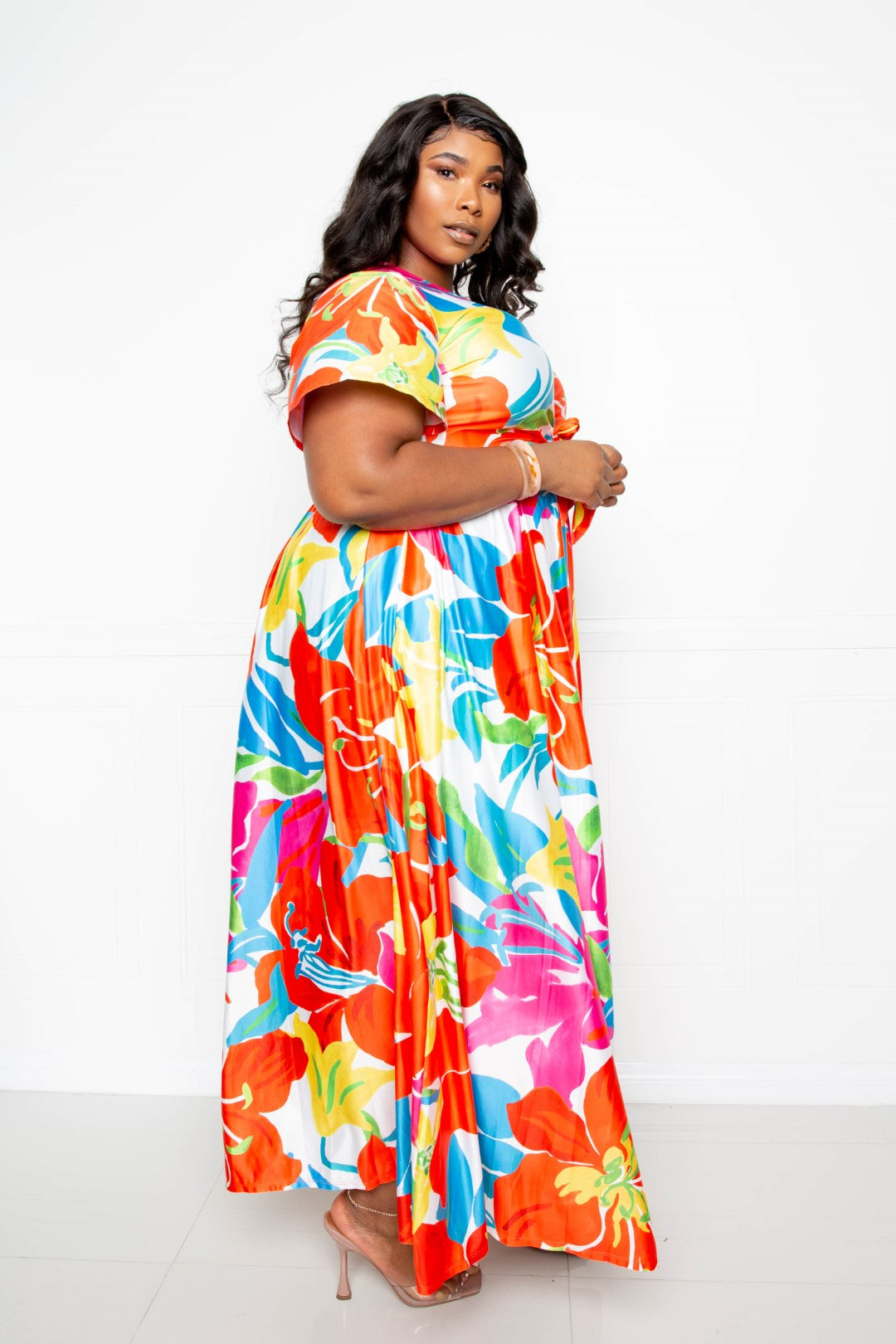 Flower maxi skirt & top set, short-sleeve top and maxi skirt in bold floral colors