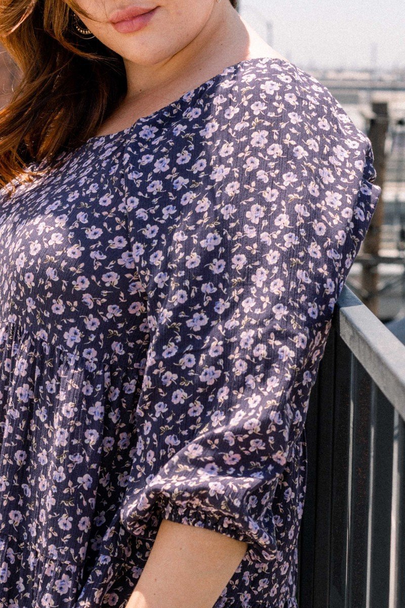 Navy floral square-neck blouse with elastic gathered waist and puff sleeve cuff