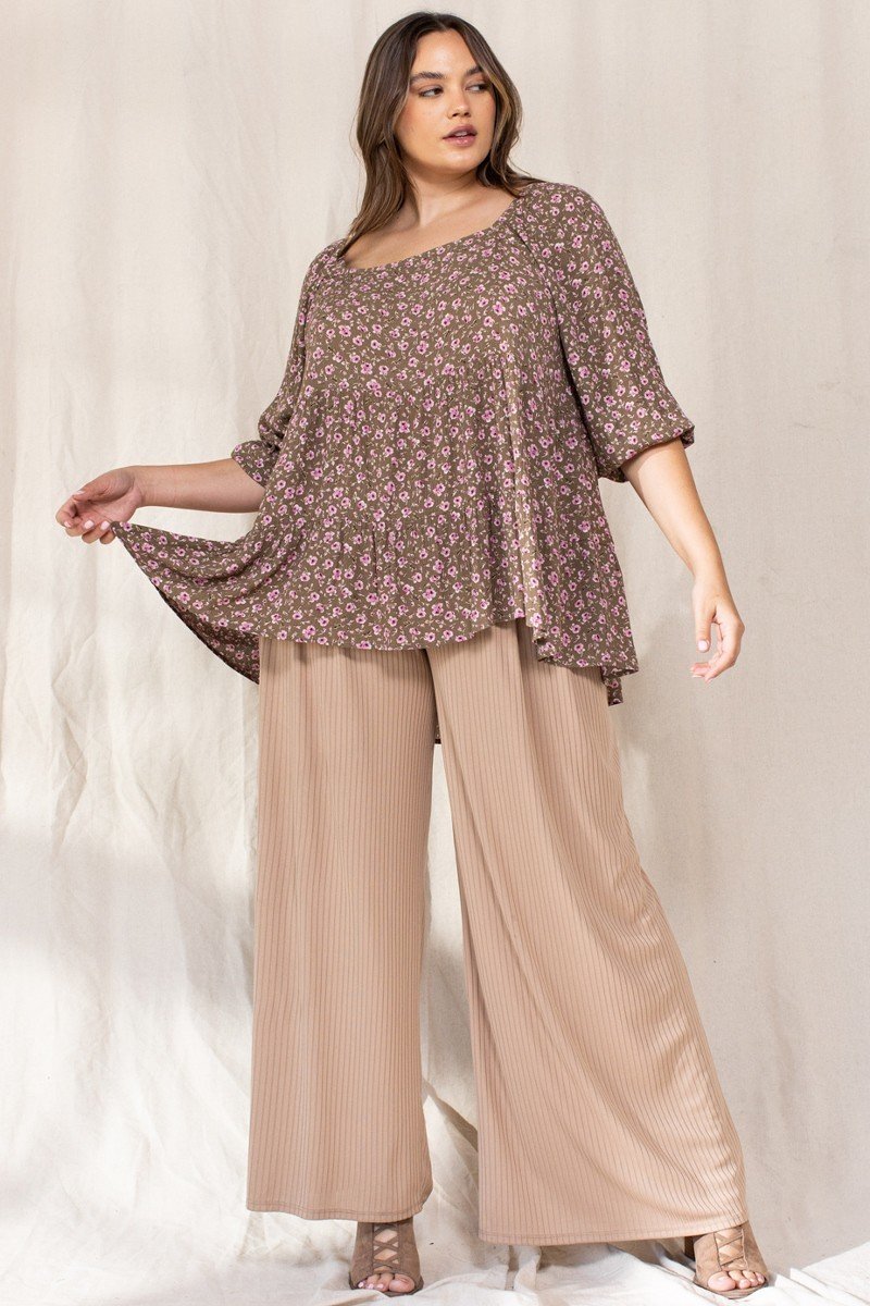 Olive floral square-neck top with flowing sleeves and gathered peplum hem