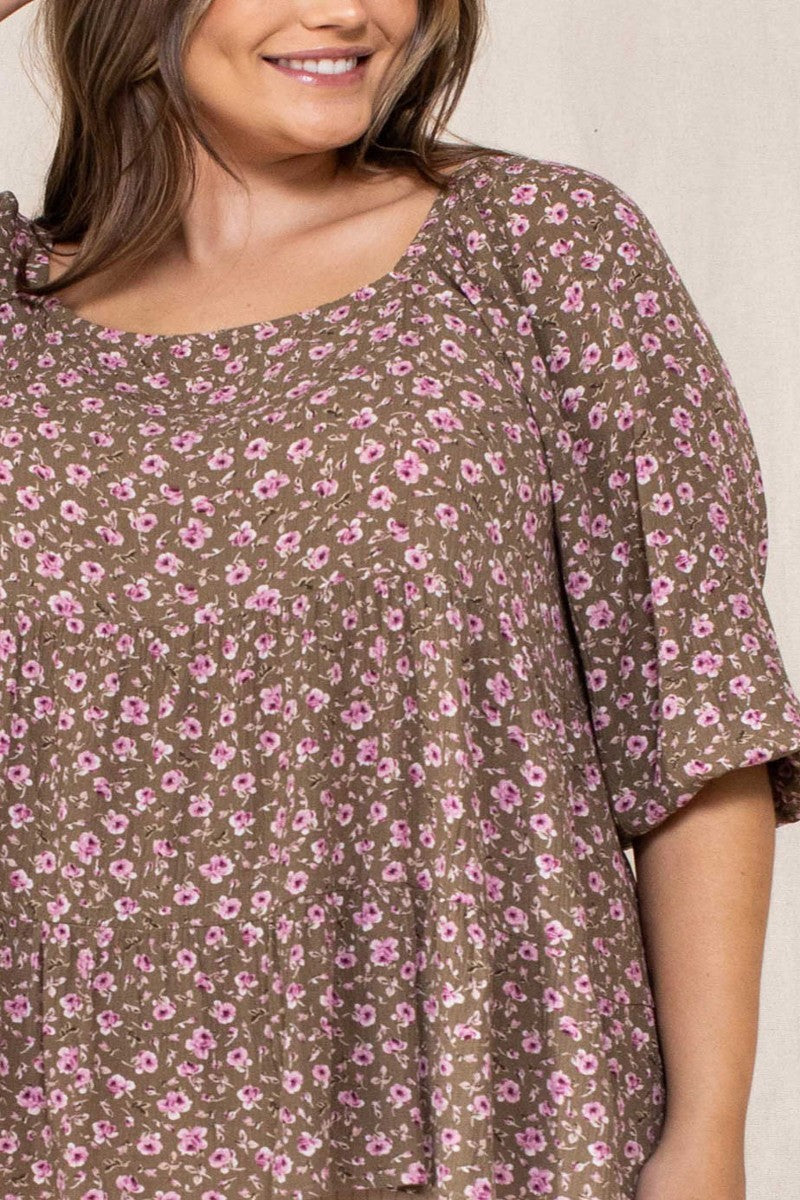 Olive floral square-neck blouse with gathered waist seam and flutter sleeve