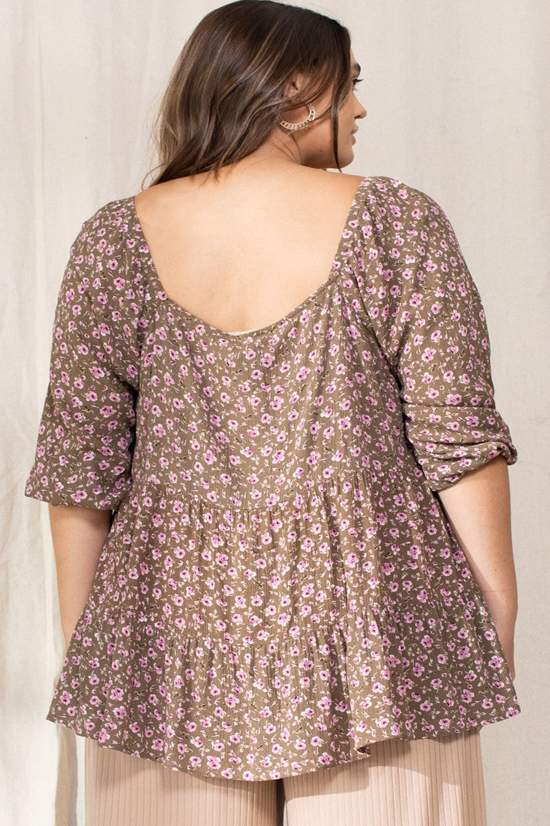 Back view olive floral square-neck top with gathered yoke and 3/4 sleeves