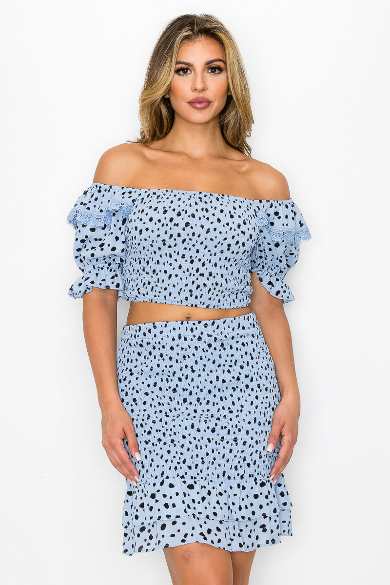 Tigbul's smocking ruffled printed top & skirt set in light blue with black spots