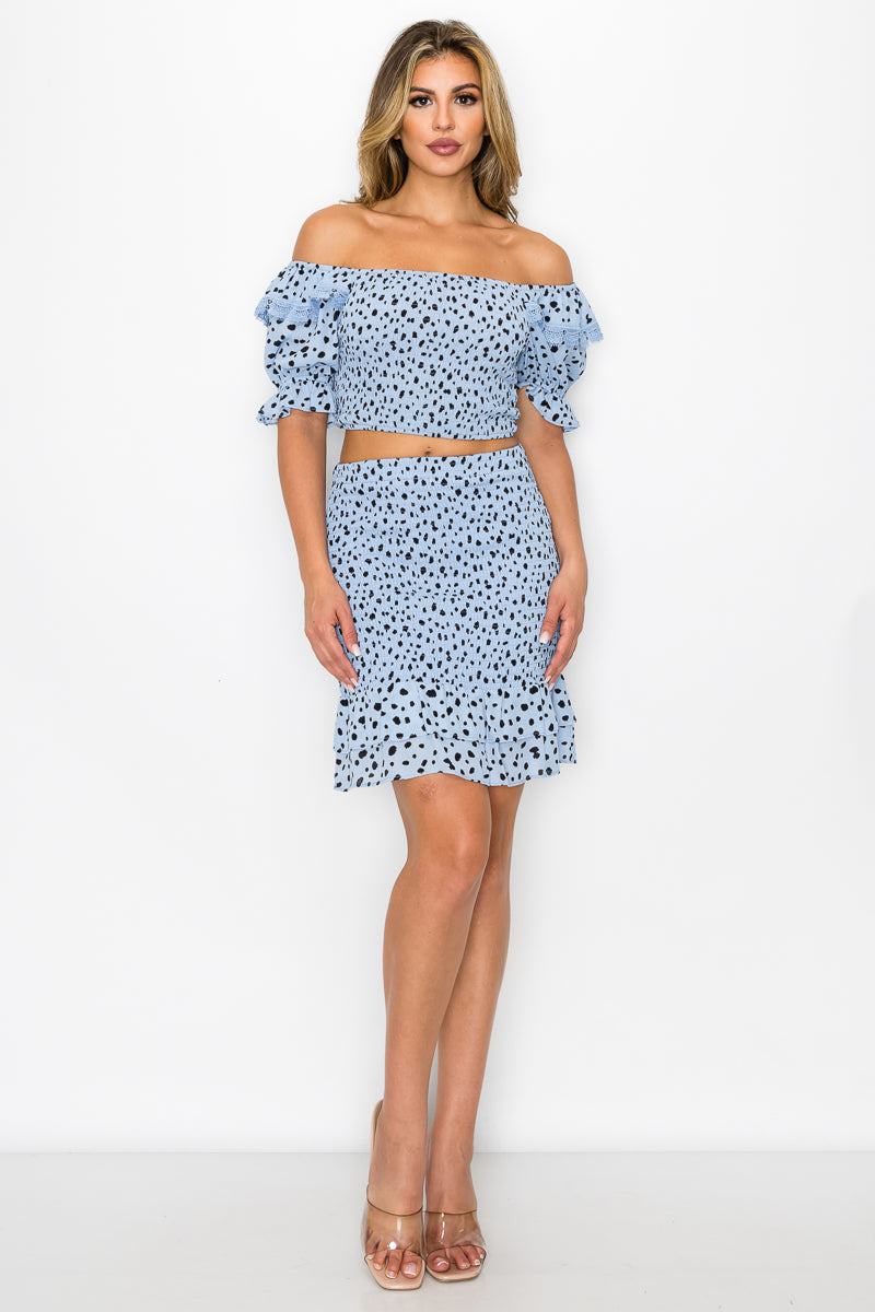 Smocking ruffled printed off-shoulder crop top and matching skirt, light blue/black