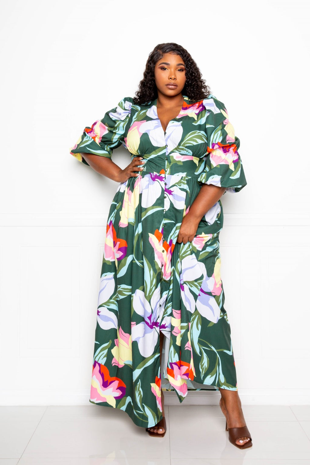 Puff-sleeve button-front maxi dress with olive floral print