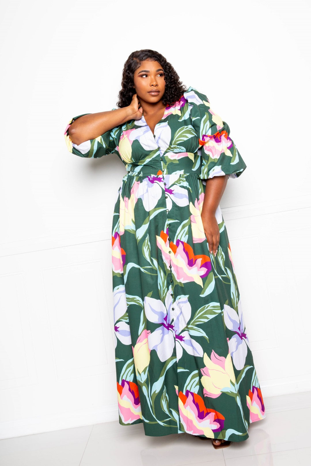 Olive floral puff-sleeve button-front maxi dress, collared V neckline