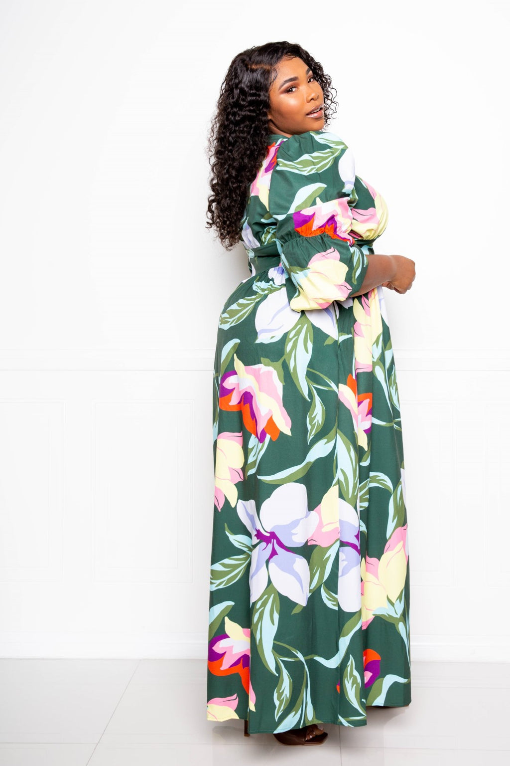 Olive floral button-front maxi dress with voluminous puff sleeves