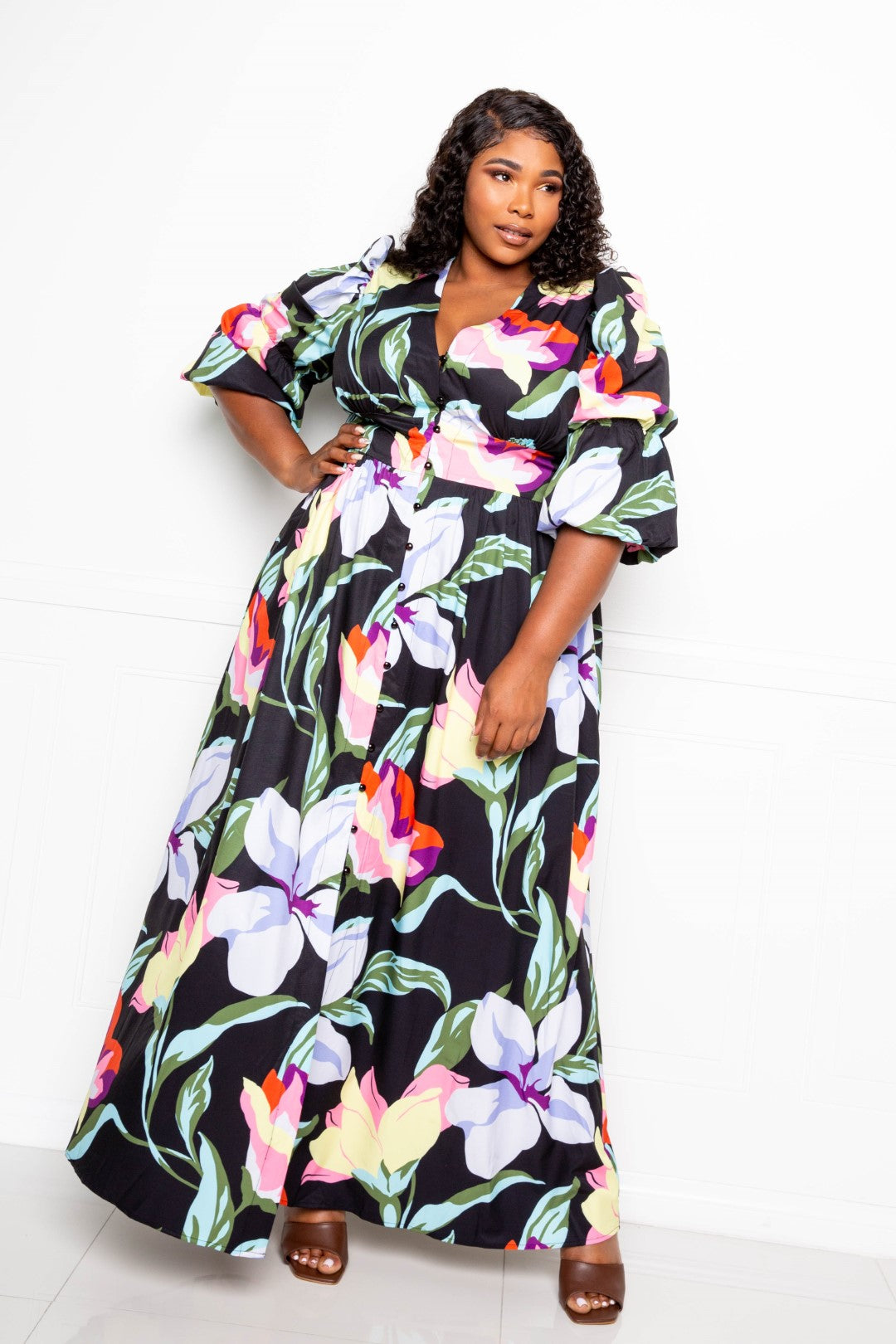 Black floral puff-sleeve button-front maxi dress with full gathered skirt