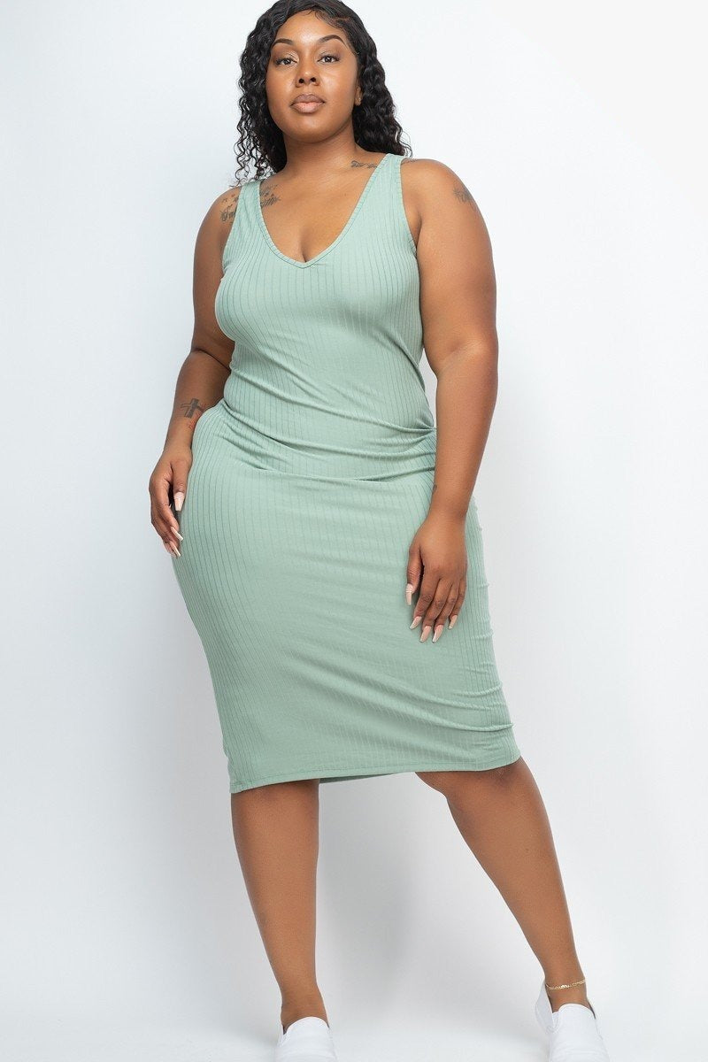 Plus Size Ribbed V-Neck Front and Back Bodycon Dress - Tigbul's Variety Fashion