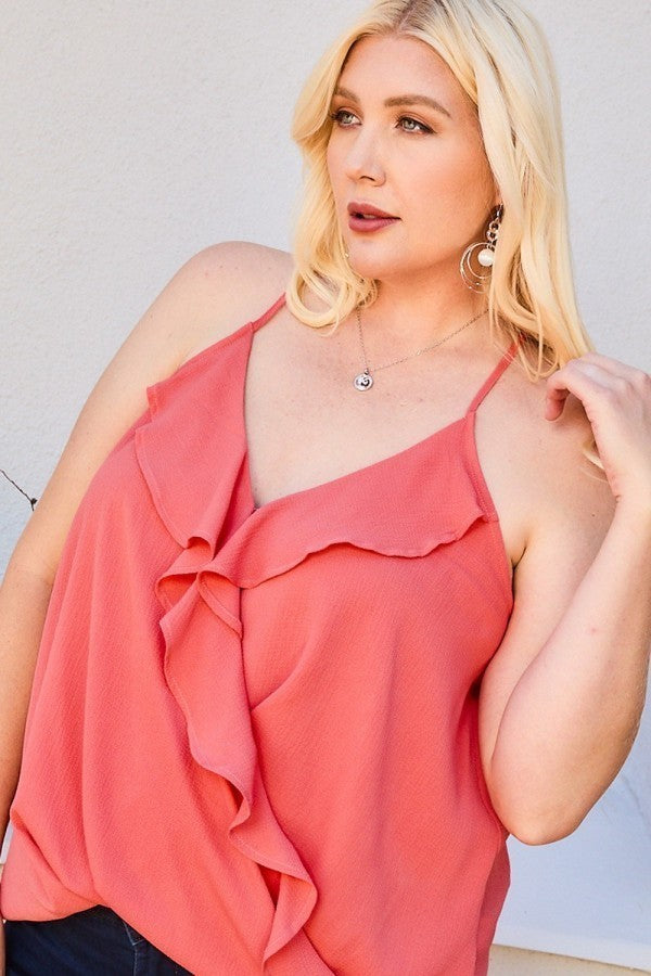 Coral front surplice cami top with layered ruffle trim and spaghetti straps