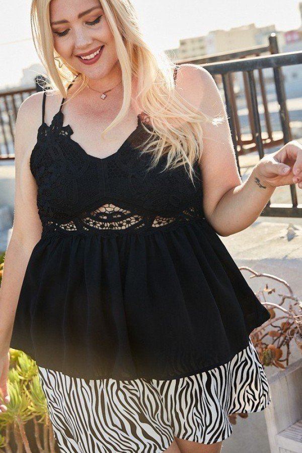 Black lace-trim two-strap peplum top with scalloped eyelet bodice