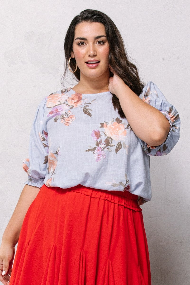 Floral printed woven blouse in spring blue, multicolor flowers and puff sleeves