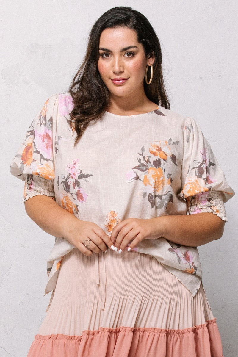 Floral printed woven blouse: oatmeal base with orange and pink flowers