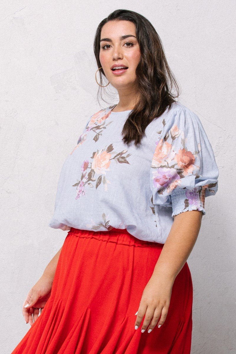 Spring blue floral woven blouse with puff sleeves and relaxed fit