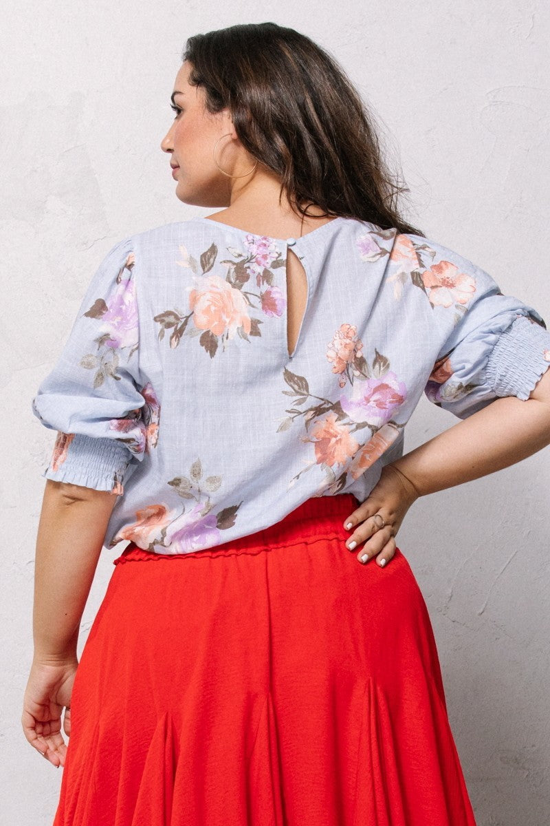 Spring blue floral blouse back: keyhole neck cutout with puff sleeves