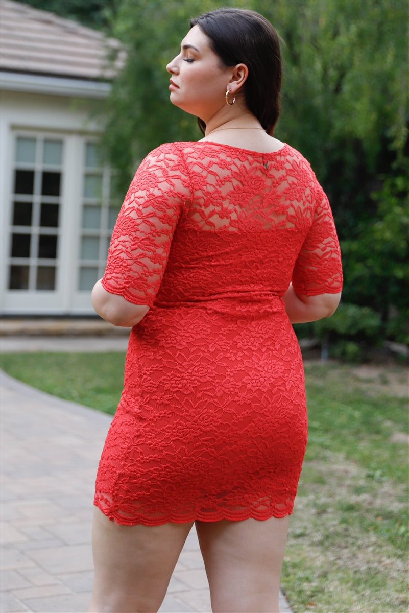 Coral lace mini dress, back view, short sleeves, scalloped hem