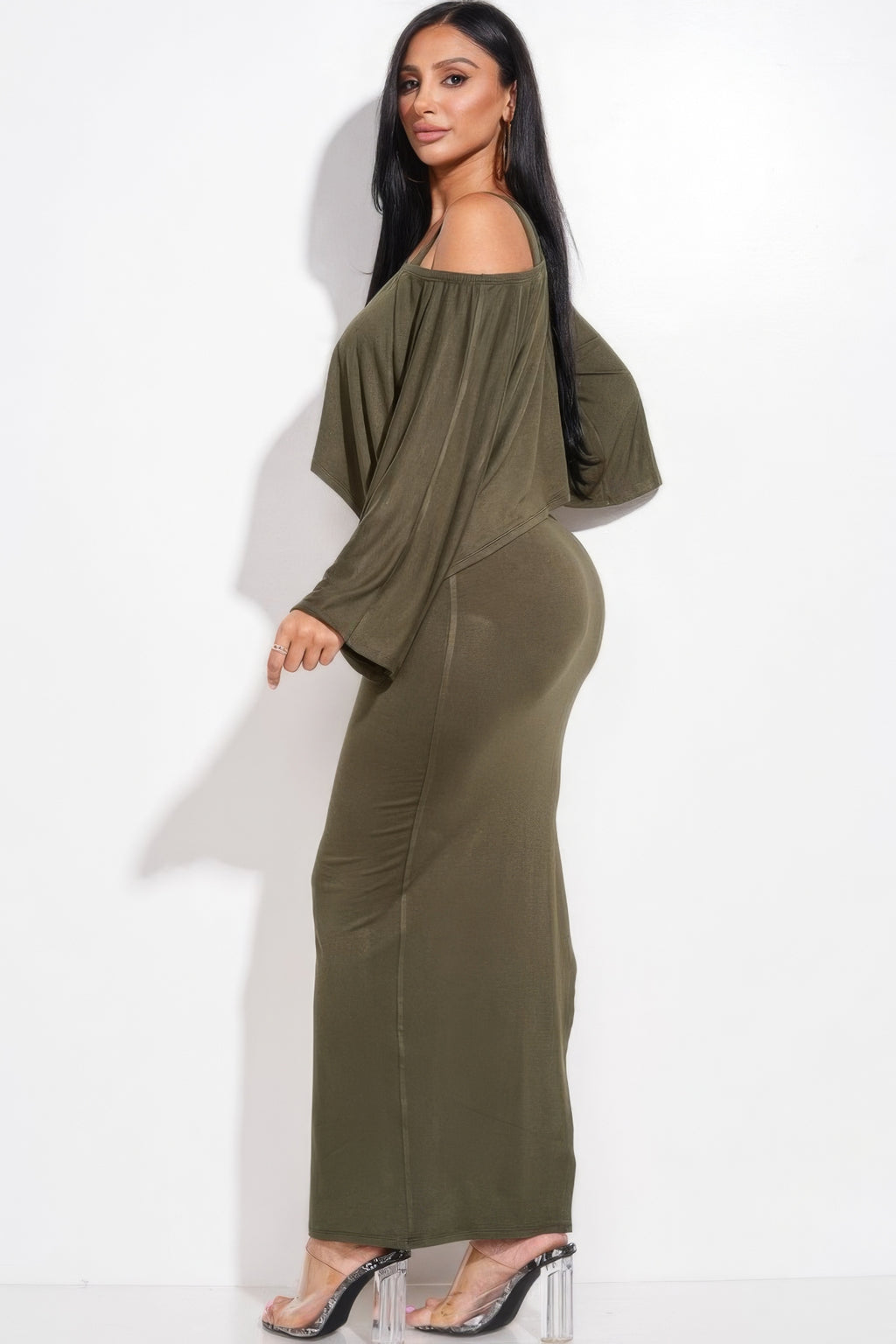 Olive cold-shoulder tank midi dress with flowing cape top, two-piece set
