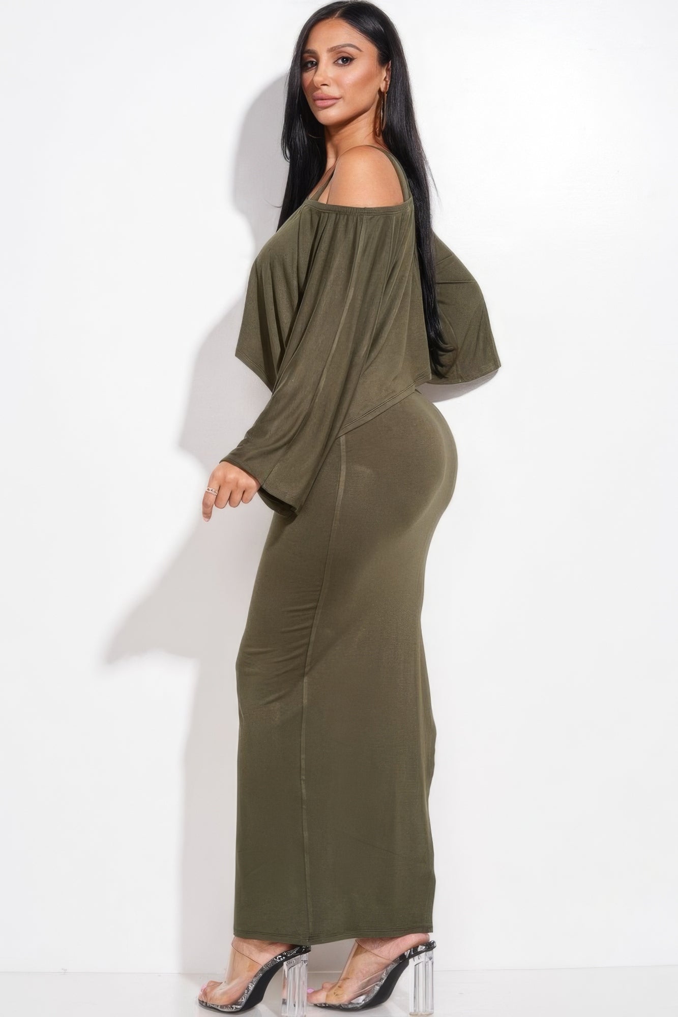 Olive cold-shoulder tank midi dress with flowing cape top, two-piece set