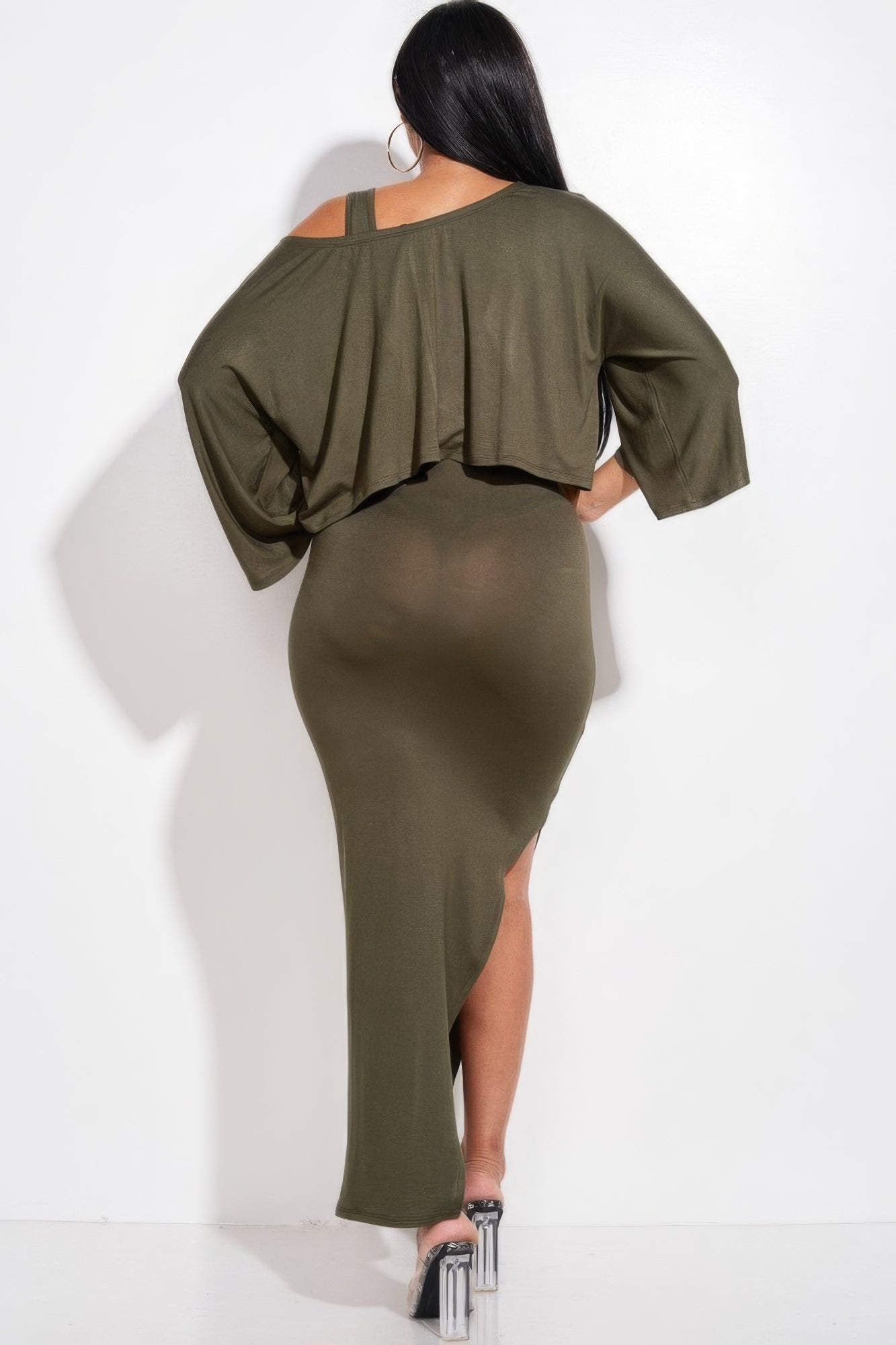 Back view: olive tank midi dress with draped cape sleeves, two-piece set